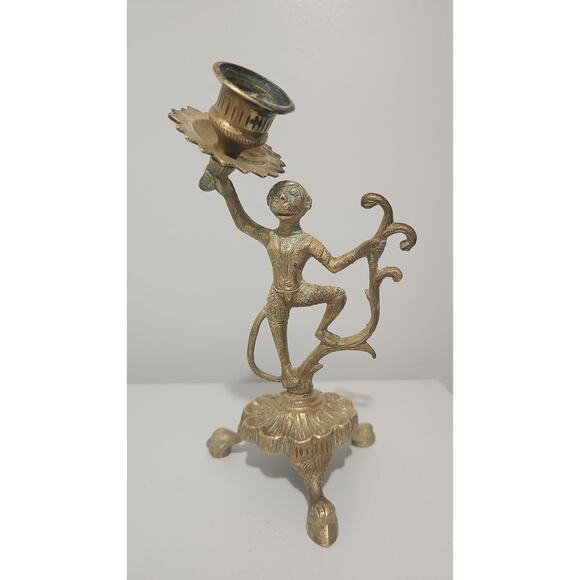 Vintage Brass Monkey Taper Candle Holder Clawfoot Feet Whimsical MCM Art Deco - Picture 10 of 13